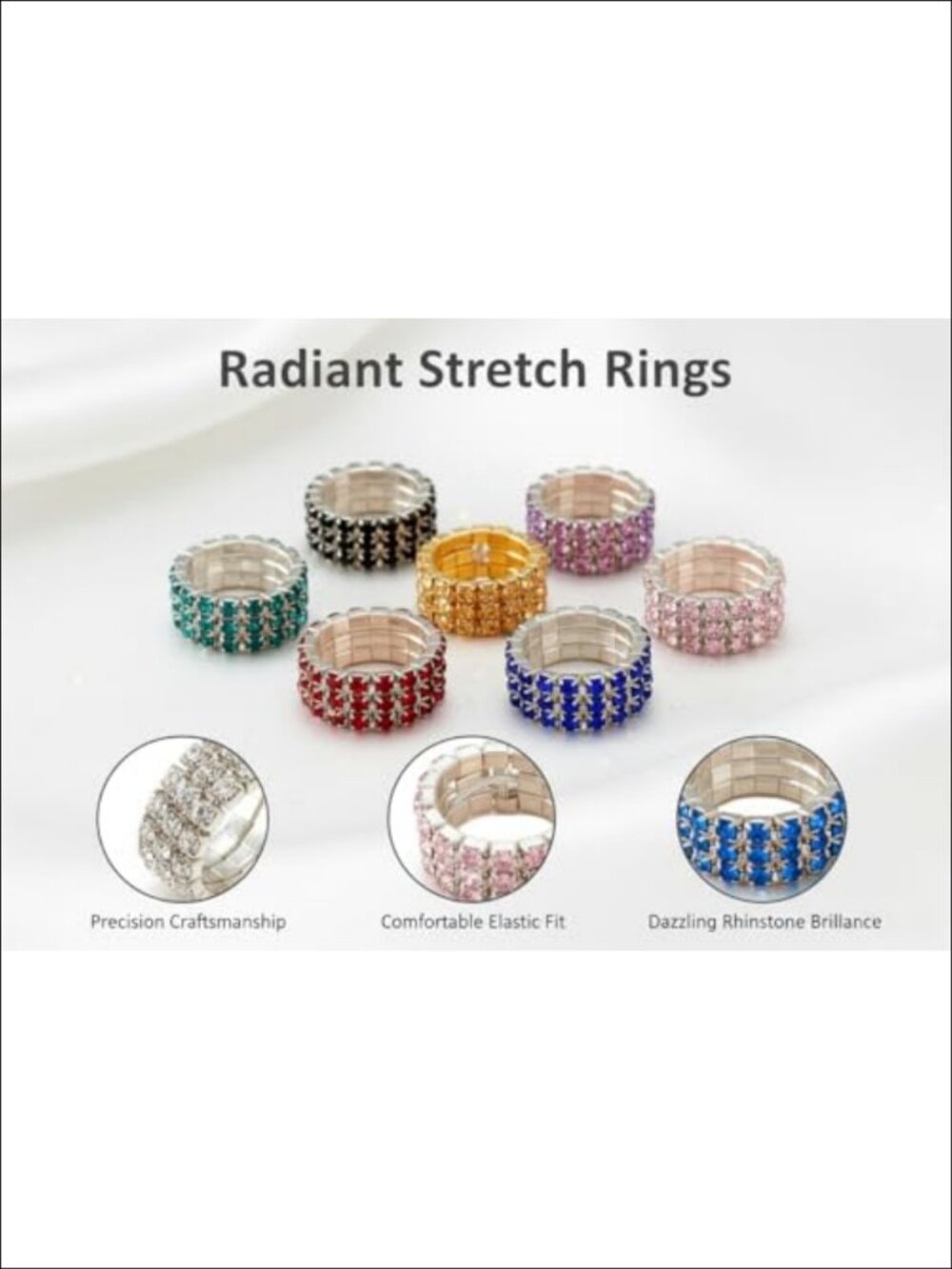 10 Pc Adjustable Rhinestone Ring Set Elastic Stacking Rings - Picture 5 of 6